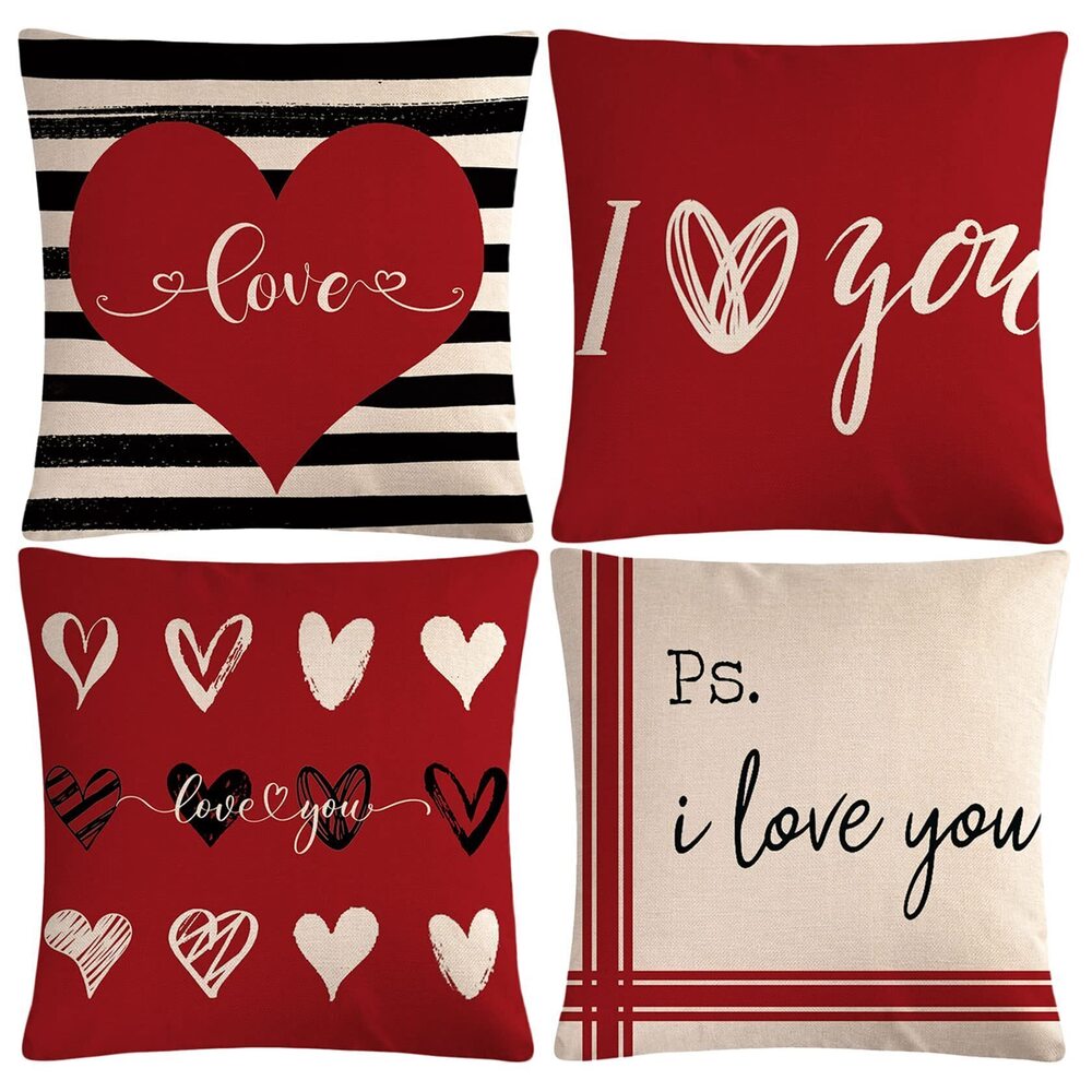 4653 4Pack Happy Valentine’s Day Pillow Covers Valentines Decor Red Black